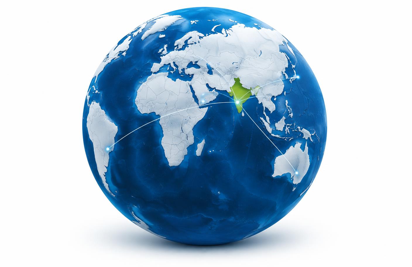 Globe with India highlighted and international trade routes extending worldwide